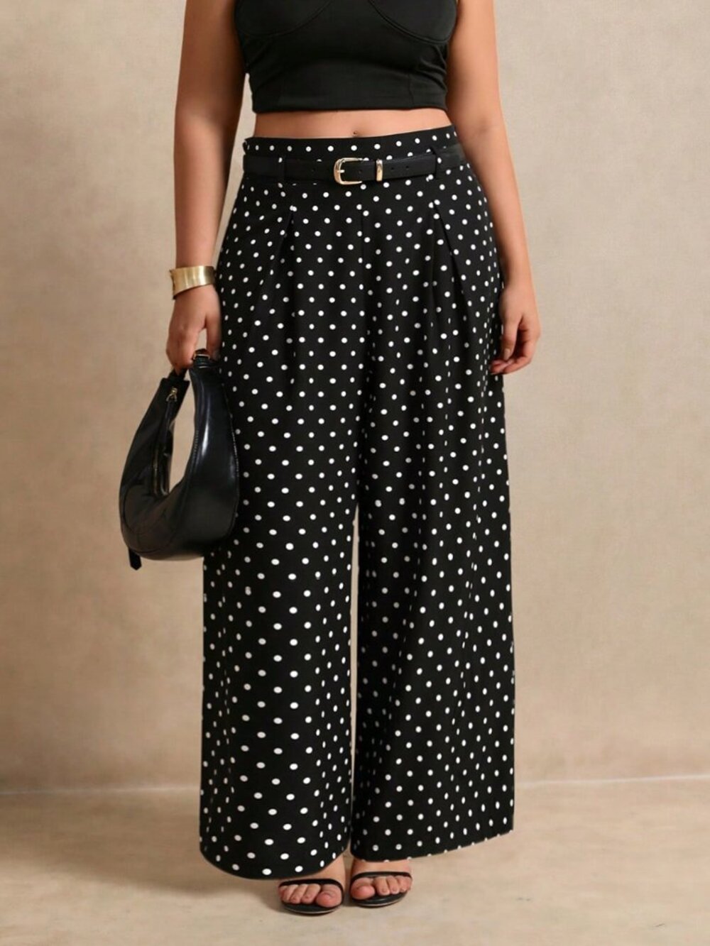 Black And White Elegant Women's Plus Size Polka Dot Wide Leg Pants